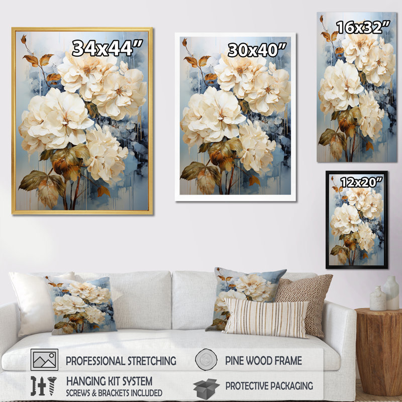 «Minimal Beige Hydrangea Grace», reproduction sur toile, H 44 po x l 34 po x P 1,5 po, Cadre flottant doré