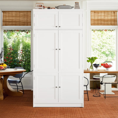 80.1" Tall Freestanding Kitchen Pantry Cabinet with Power Outlets, Extra-Wide Storage, Wine Rack, Drawers & Adjustable Shelves, Shaker Style Cupboard