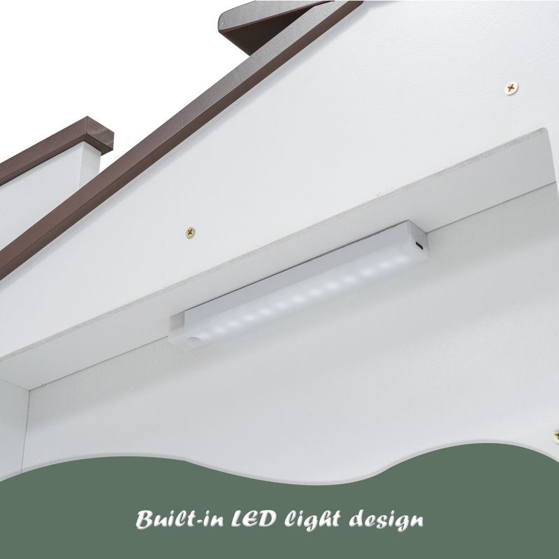 Lit plateforme en bois avec tête de lit en forme de maison, DEL et rangement intégré, Lit simple, Blanc
