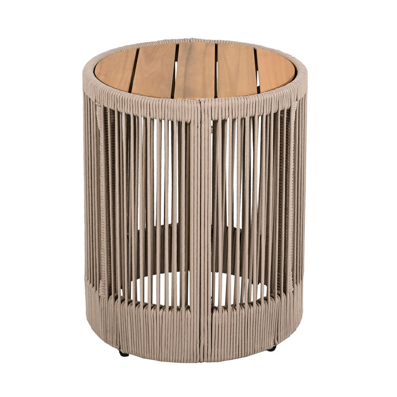 Table d'appoint d'extérieur en corde de rotin et bois d'acacia - Mobilier de balcon de patio pour jardin, cour, balcon