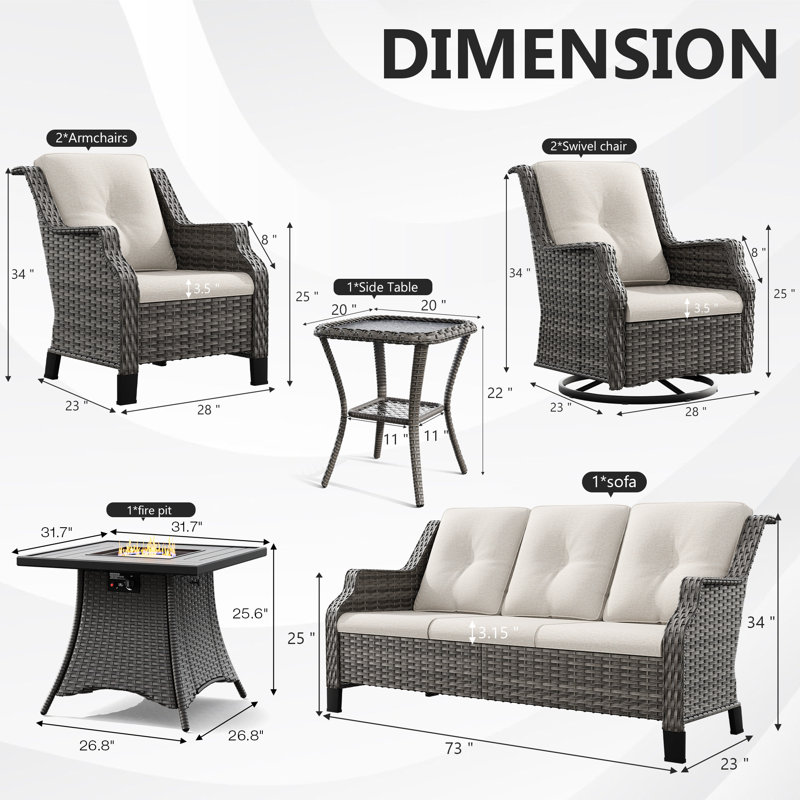 7-Person Seating Group With Fire Pit And Cushions, Beige