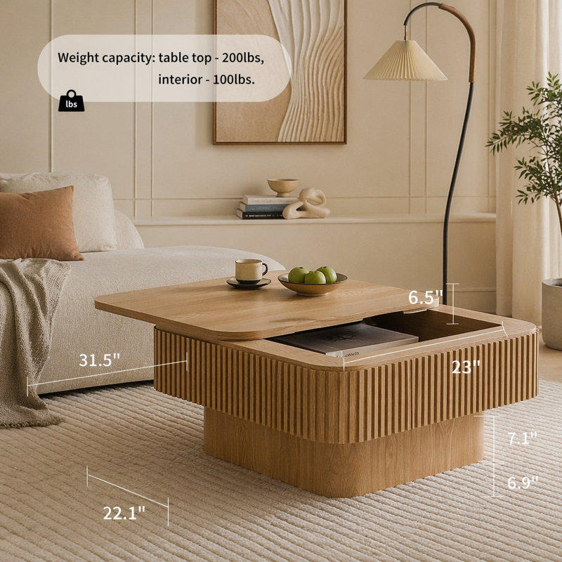 Table basse carrée 31,5 "avec rangement, Bois naturel