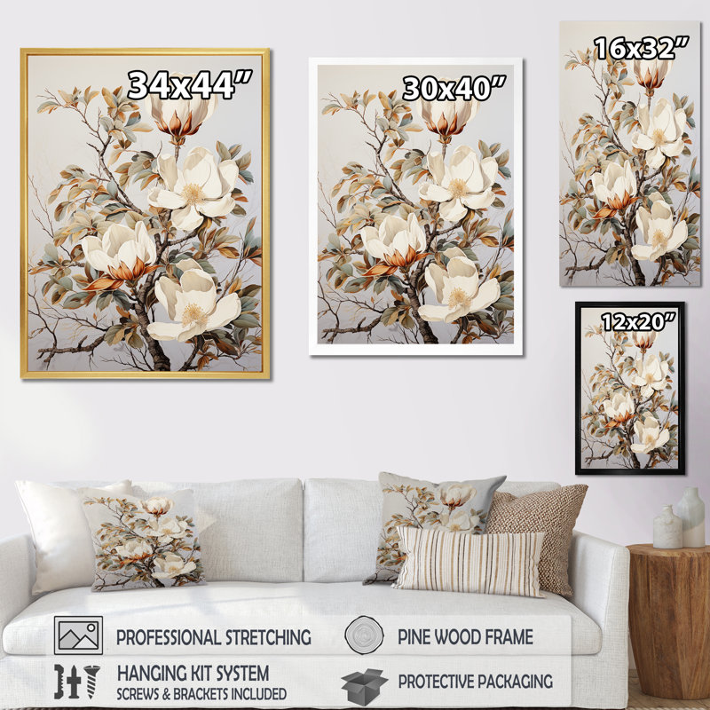 Art beige de Magnolias II sur toile, Cadre flottant blanc, H 20 po x l 12 po x P 1 po