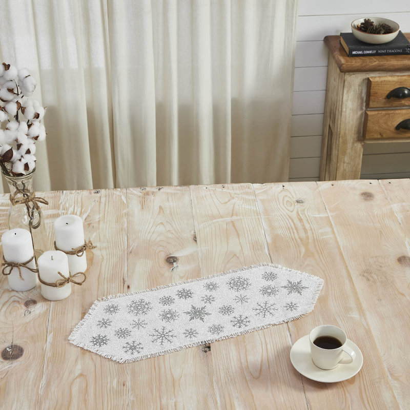 Yuletide Rectangle Geometric Cotton Table Runner, 24" x 8", Antique White