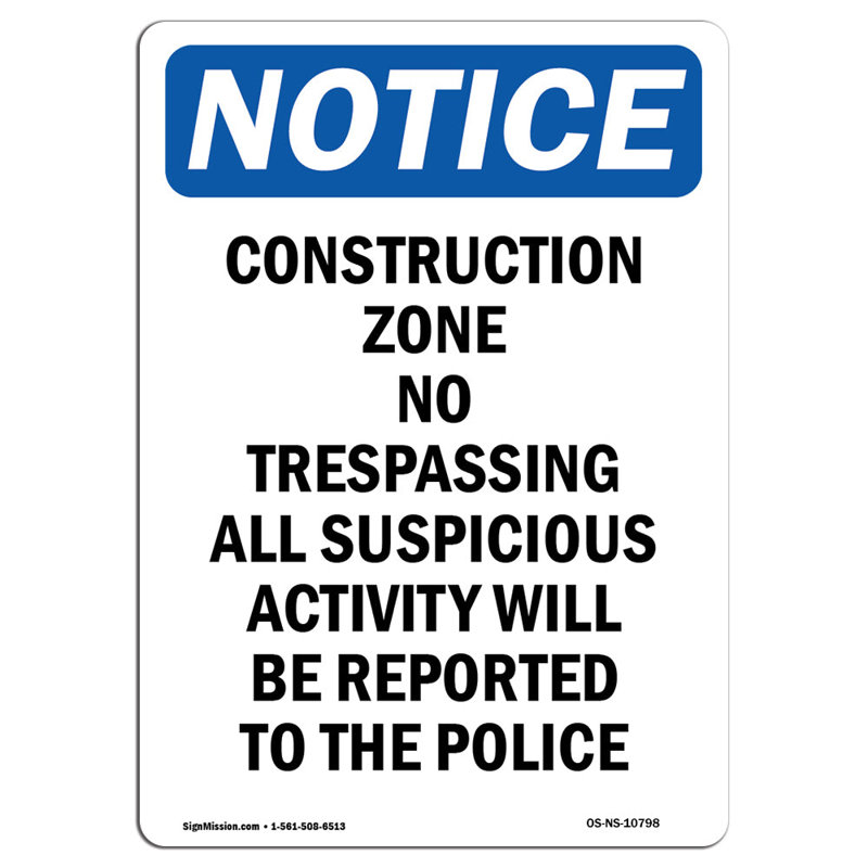 Avis de l'OSHA - Zone de construction sans signe d'intrusion, H 18 po x l 12 po x P 0,1 po