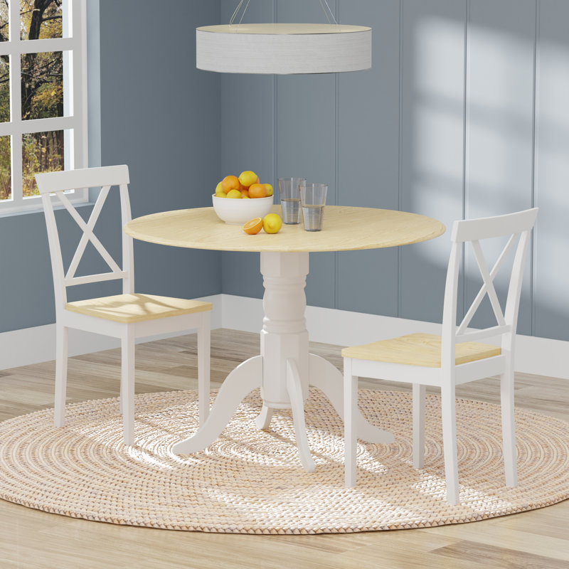 Kwon Solid Wood Top Pedestal Dining Set, 3 Piece Dining Set, White/Natural, Natural/White
