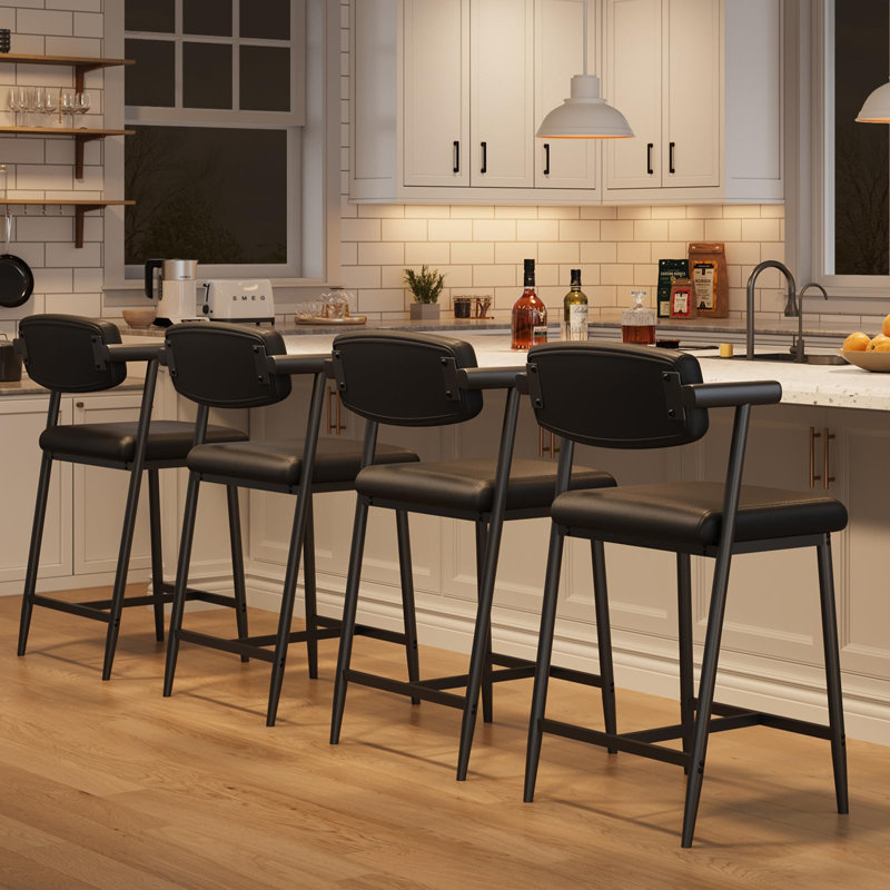 Set of 4 Modern Bar Stools with Armrests and Backrest, PU Leather Upholstered, Metal Frame, Comfortable Padded Seat, 94cm Height, Ideal for Kitchen Island, Dining Room, Bar Counter