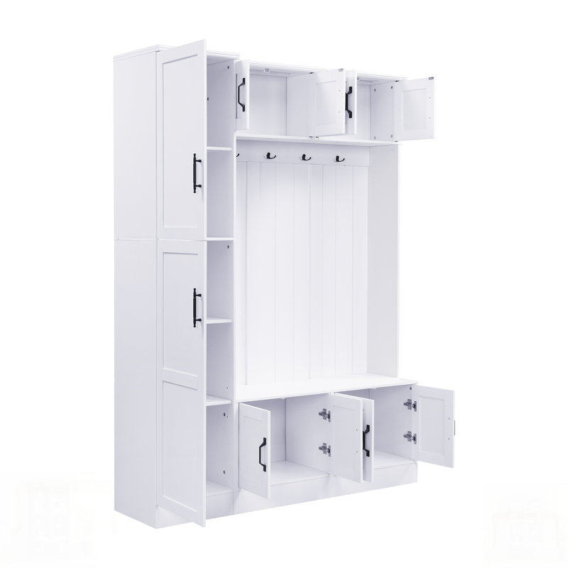 Tall Modern Hall Tree With Shoe Storage, 4-In-1 Entryway Bench, 6 Cabinets, 4 Coat Hooks, And Adjustable Shelf For Hallway And Living Room