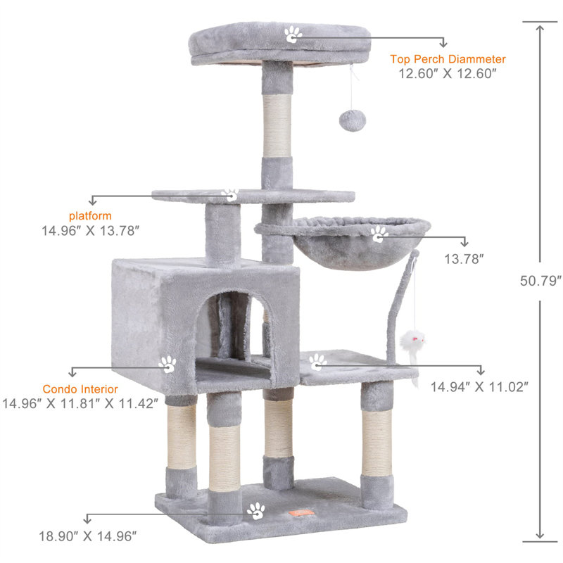 Arbre à chat Evola, H 50,39 po x l 15,75 po x L 19,69 po, Gris
