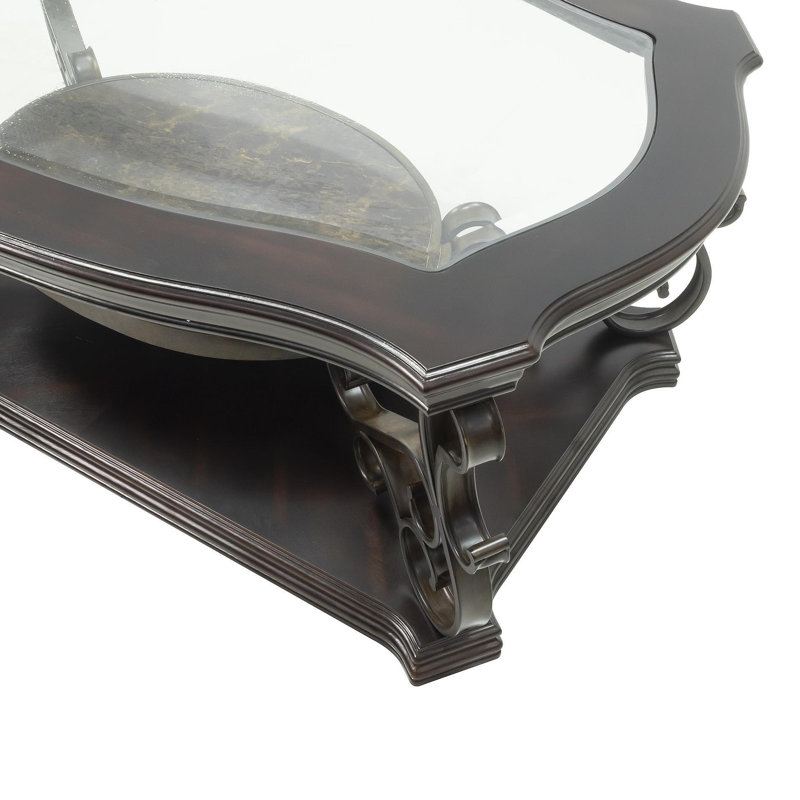 Table de cocktail, plateau de table en verre, plateau en panneau de fibres à densité moyenne et papier marbré, pieds en métal thermolaqués. (L 52 po x l 32 po x H 20,3 po)