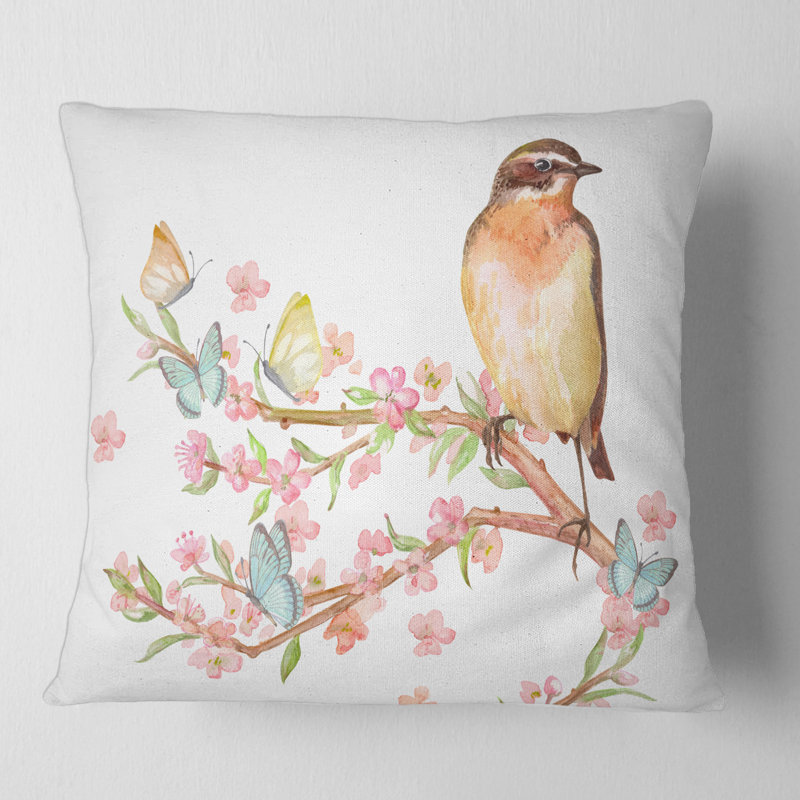 Joli oiseau assis sur une housse de coussin carré avec branche de Sakura, 18" x 18"