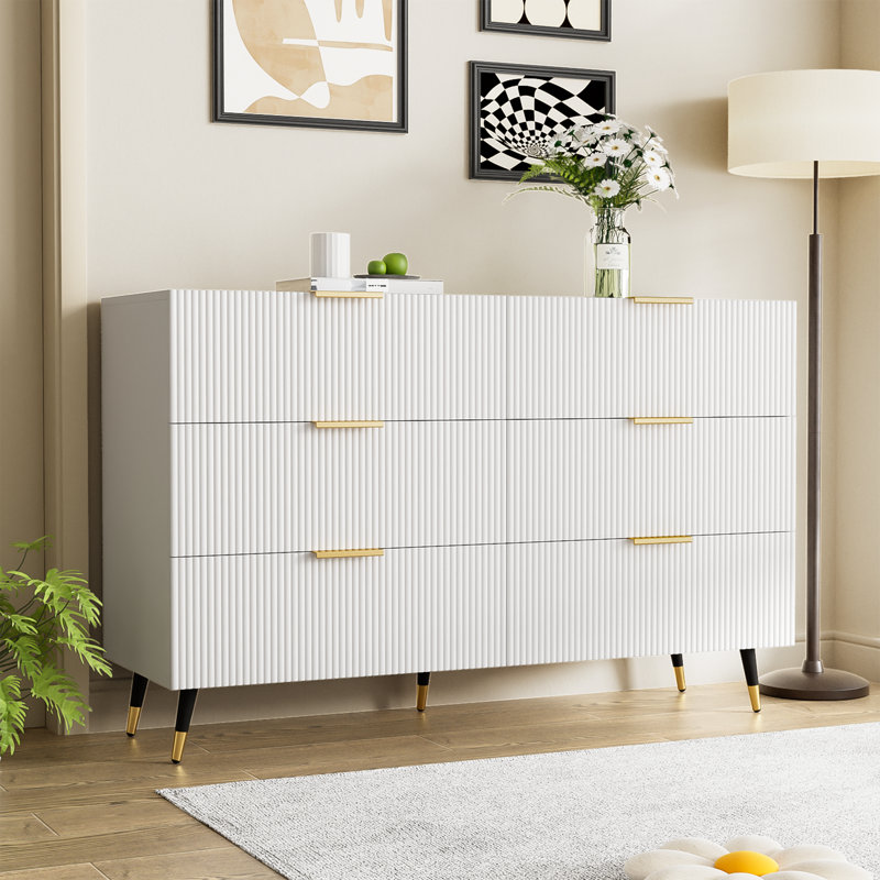 Sideboard with 6 drawers and gold handles, length 120cm, White