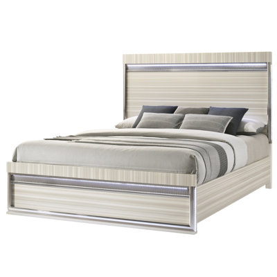 Gray Modern King Bed With Built - In Led, Clean Linear Detailing, Heavy Duty Slats, Center Rail Support Gray, Style, Integrated Lighting, Tall Panel, Coordinated Wood Finish, Construction