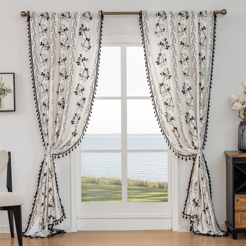 Black Flowers And Plant Design Kitchen Curtains