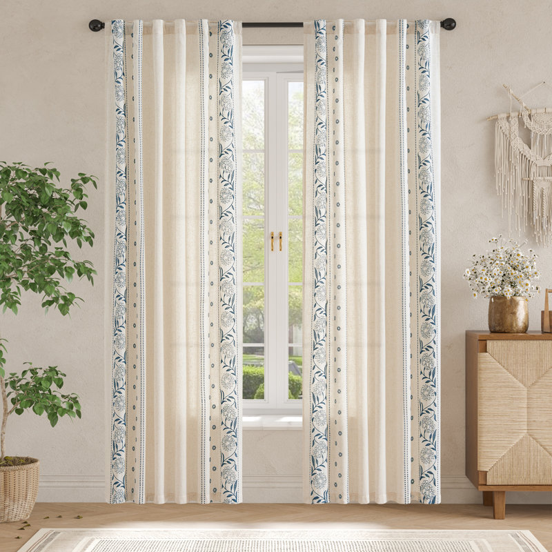 Linen Blended Semi Sheer Embroidered Floral Curtains, 50" W x 84" L, Blue