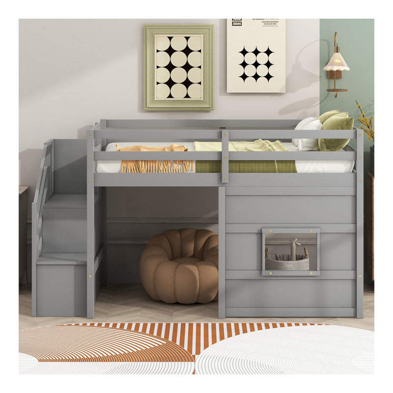 Lit mezzanine simple avec escalier de rangement et fenêtre, avec lumière DEL, gris
