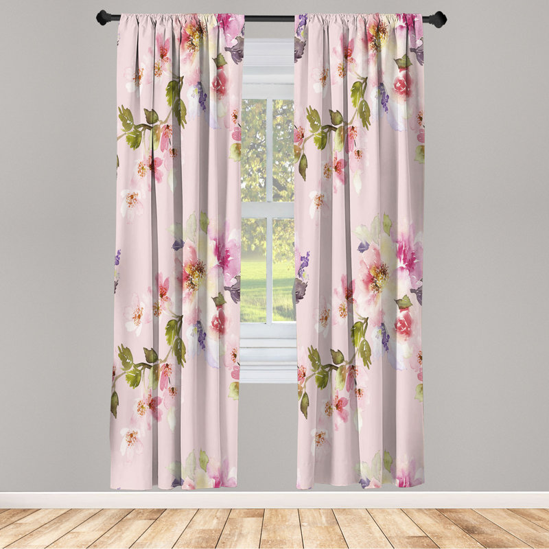 Microfiber Floral Semi-Sheer Rod Pocket Curtain Panels, 28" W x 95" L, Pink/White/Brown