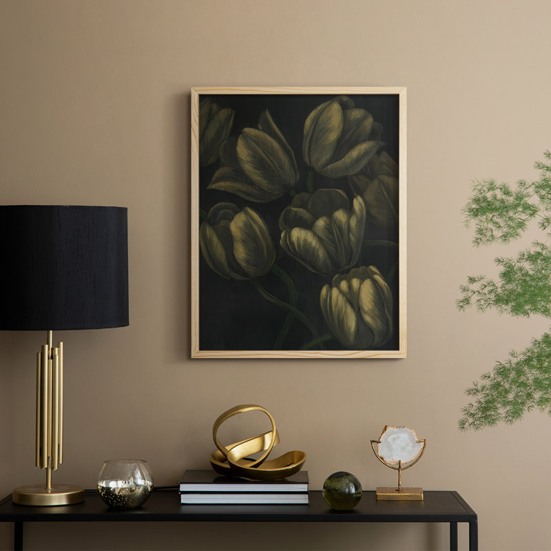 Reproduction encadrée de tulipes dorées II - bois massif, Naturel, H 11 po x l 9 po