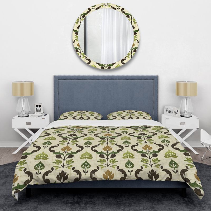 Ensemble de housse de couette moderne à motif de treillis vert et beige I, Housse de couette pour grand lit et 2 taies décor