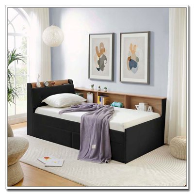 Velvet Upholstered Storage Daybed Frame with Wireless Charging,Storage Drawers & LED Lights