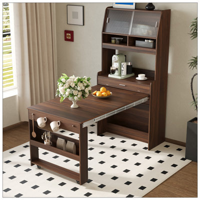 Compact Buffet with Hutch and Foldable Dining Table, Multifunctional Cupboard with Storage Shelf and Side Hooks for Small Places, Studio, Apartment