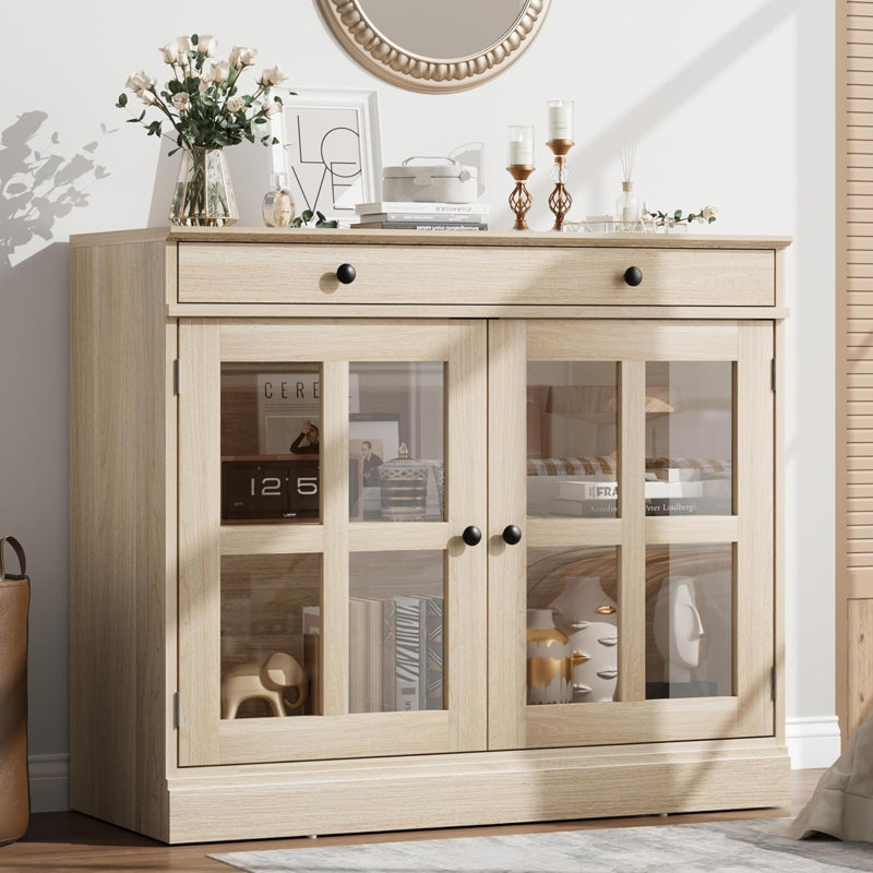 Modern Buffet Sideboard with 2 Glass Doors, Buffet Cabinet with Adjustable Shelf & Large Drawer, Yellow