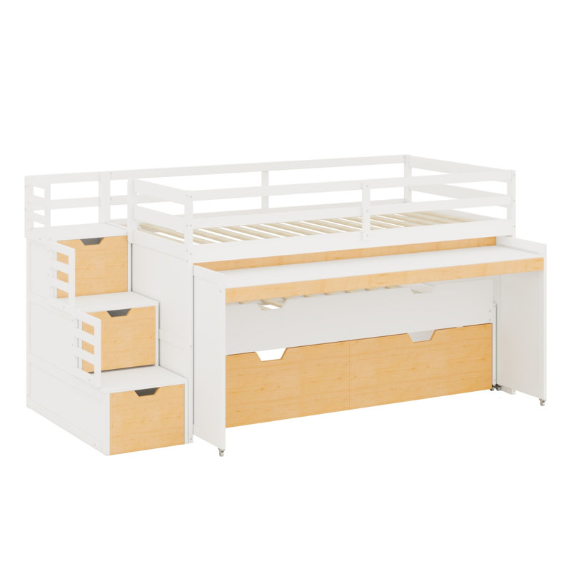 Lit mezzanine maximisant l'espace avec bureau coulissant, lit gigogne, tiroirs de rangement et marches de rangement intégrées pour les jeux et les études quotidiennes