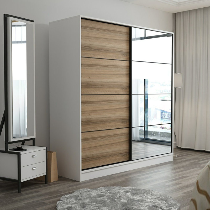 Armoire-penderie 2 portes avec 2 tiroirs, Blanc / Dore