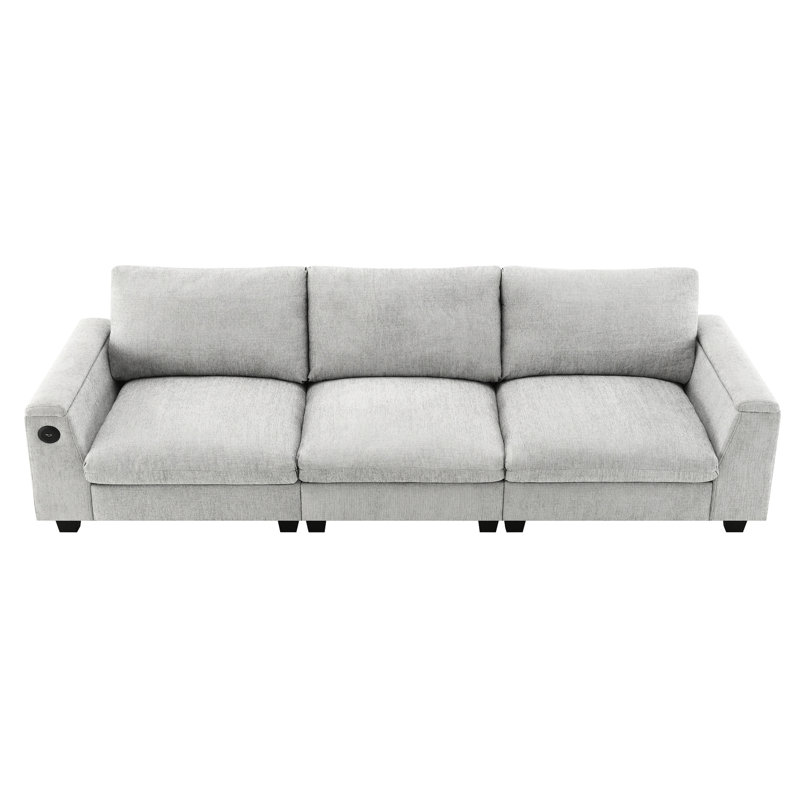 Élégant canapé en chenille avec porte-gobelets, rangement pour accoudoirs et table modulaire 96 po