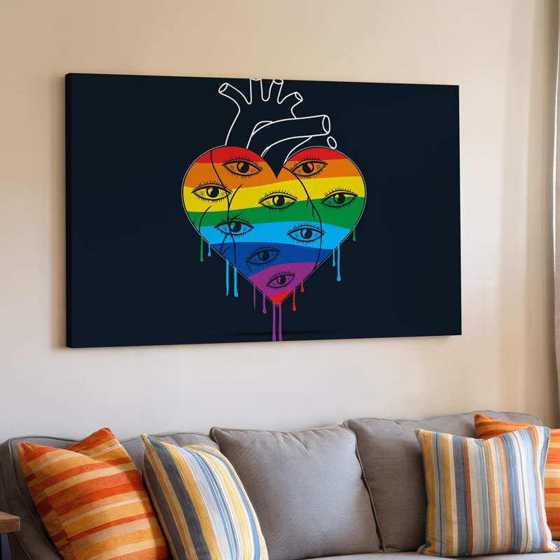 Toile, création d'une illustration frappante d'un cœur stylisé au design complexe avec de multiples yeux intégrés dans sa toile