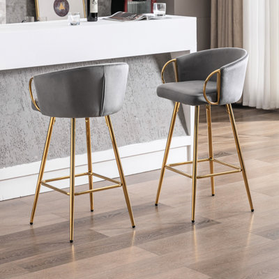 30 Inch Bar Stools Of 2, Gray Upholstered With Velvet And Golden Leg, Footrest For A Relaxing Moment 2pcs Stools, Leg Base Style