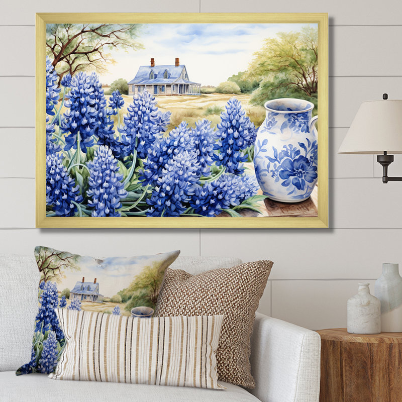 Blue Bonnets Farmhouse Still Life, reproduction d'art sur toile, H 16 po x l 32 po x P 1 po, Or