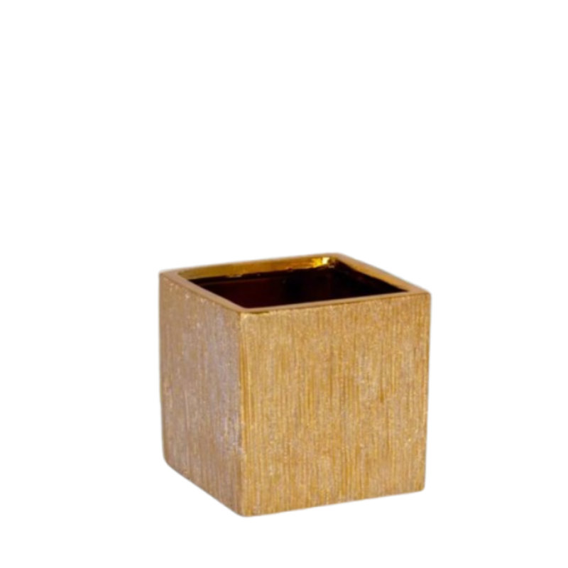 Ceramic Square Pot Gloss Finish Gold, 3" H x 3" W x 3" D
