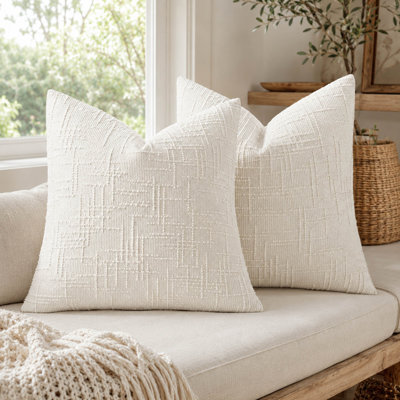 2 Piece 18 x 18 Inch Cream White Textured Chenille Throw Pillow Cover Set