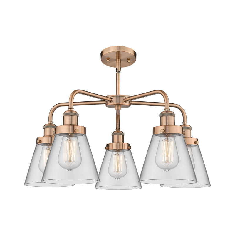 Cone 5 Light Stem Hung Chandelier, Clear, Antique Copper