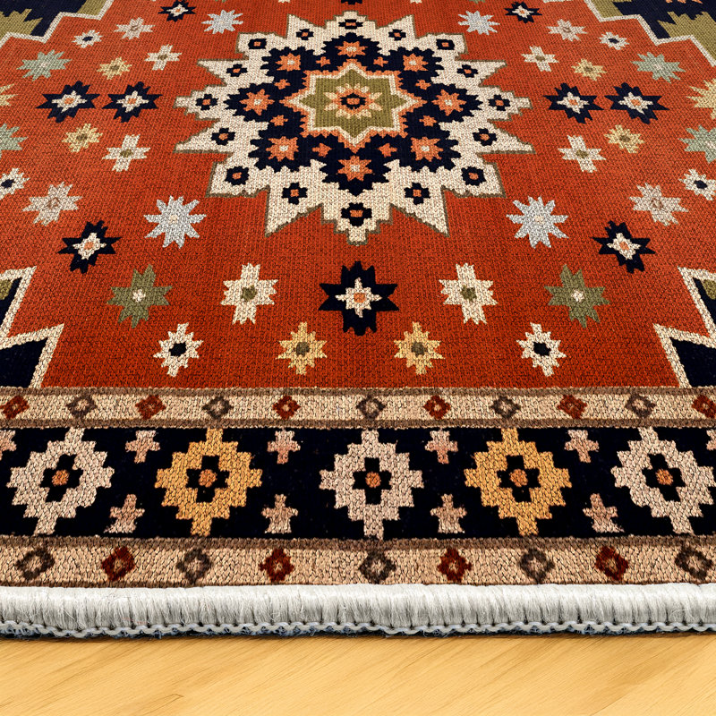 Quarza Collection Digital Print Cotton-Polyester Brown Moroccan Rug, Rectangle 3'4" x 5'