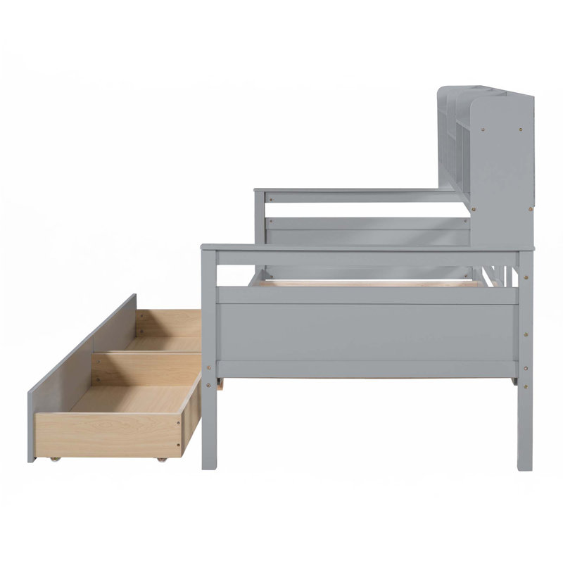 Lit de jour, support en lattes de bois, avec tablettes de chevet et deux tiroirs, Gris, Lit simple