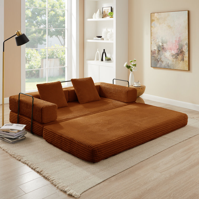 4-In-1 Folding Convertible Sofa Bed, 80.7 Inch Oversized Corduroy Upholstered Compression Couch, Loveseat Sleeper With Pull Out Bed, Floor Sofa Modular Futon Couch For Living Room Bedroom Lounge