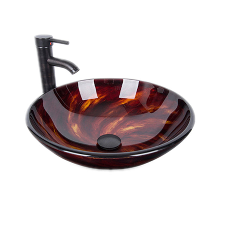Beyo Brown Tempered Glass Circular Vessel Bathroom Sink with Faucet