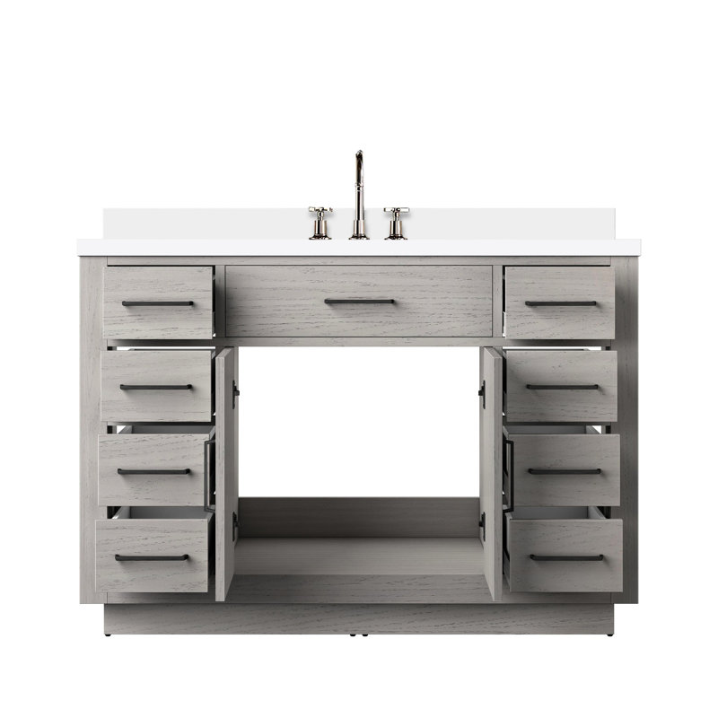 Meuble-lavabo simple en chêne blanc, 48 po Largeur, profondeur 22 po, plateau en marbre de culture, robinet, structure en bois massif l x P chêne avec robinet et fonction de fermeture en douceur