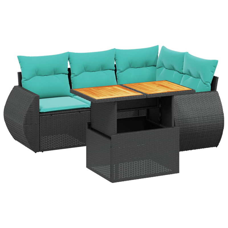  Ensemble de canapé de patio 5 pièces avec coussins en rotin de polyester, Noir, Vert