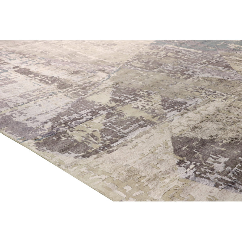 Tapis abstrait en laine / soie bleu / beige / gris noué à la main Abstract, Rectangle 8 pi x 10 pi 1 po