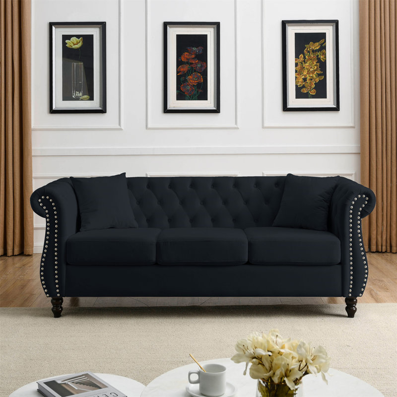 [Vidéo] Canapé Chesterfield 80 po en velours noir pour le salon