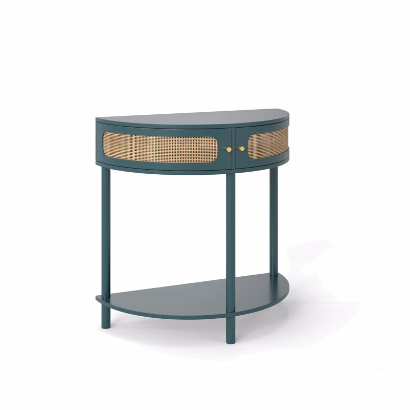 Unique Half Moon Design End Table, With Sliding Rattan Door Elegant Semi-Circle Entryway Console Table With 2 Rattan Storage Cabinet And Bottom Shelf For Living Room, Bedroom, Study, Hallway