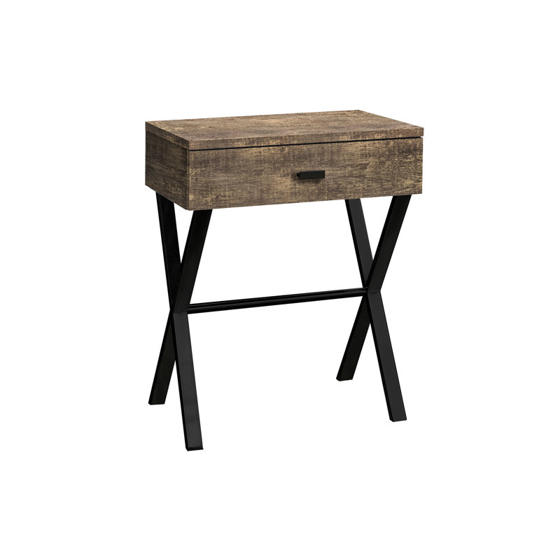 Table d'appoint moderne avec extérieur en stratifié brun et support en métal noir pour cadre de rangement de chambre à coucher, intérieurs idéaux