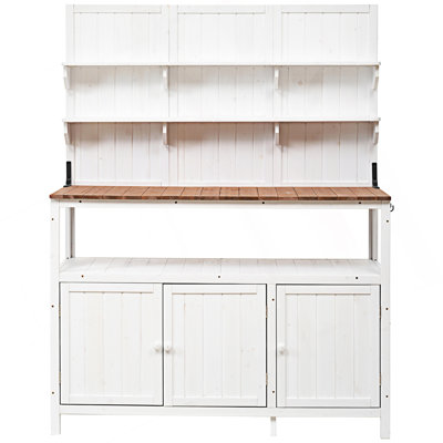 Banc de rempotage avec huche, poste de travail de jardin avec 2 tablettes, armoire de jardin, armoire d'appoint