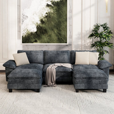 124" Modular Sectional Sofa, Oversized U Shaped Couches With Ottomans, 5-seater Deep Seat Sofa With Throw Pillow
