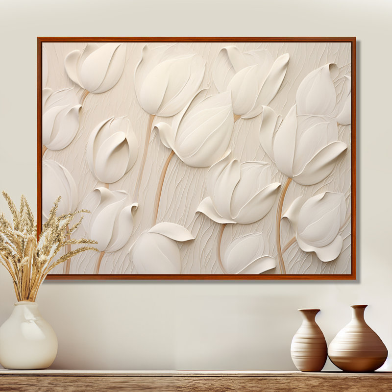 Minimalisme, tulipes blanches symphonie - tulipes, art mural, Reproduction avec cadre flottant, H 24 po x l 32 po, Brown