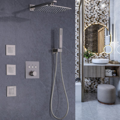 Solid Brass Thermostatic Shower System with 3 Body Sprays Jets and Handhel Shower (Valve Included)