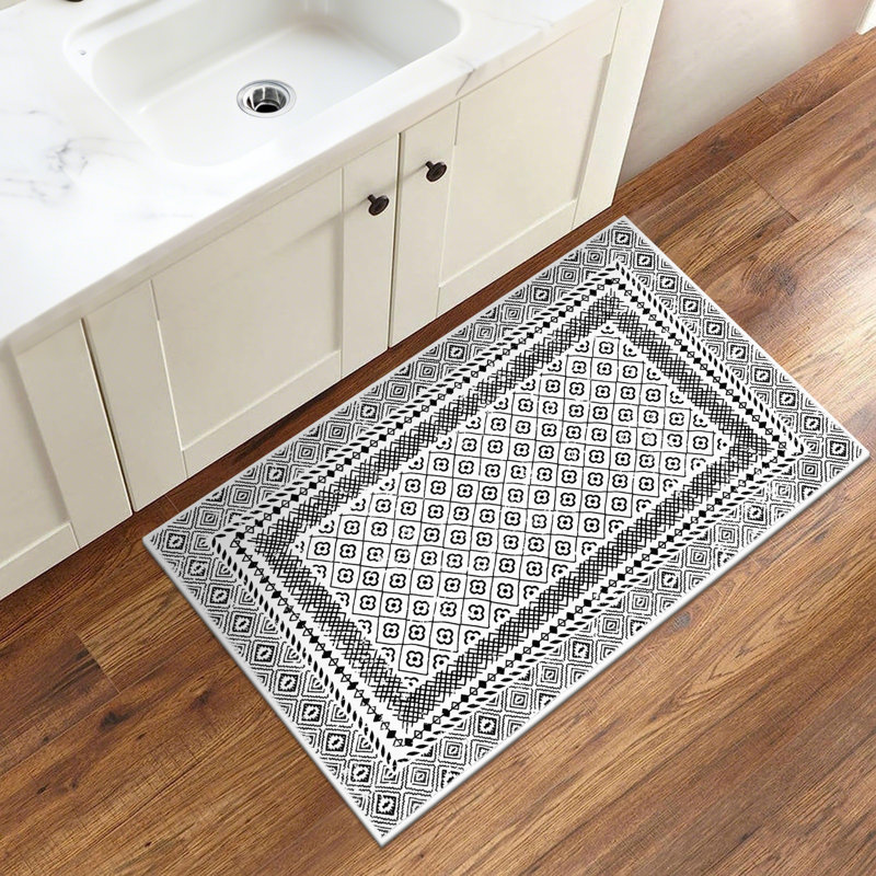 Black/White Oriental Floral Machine Washable Area Rug with Non-Slip Backing, Rectangle 2' x 3'